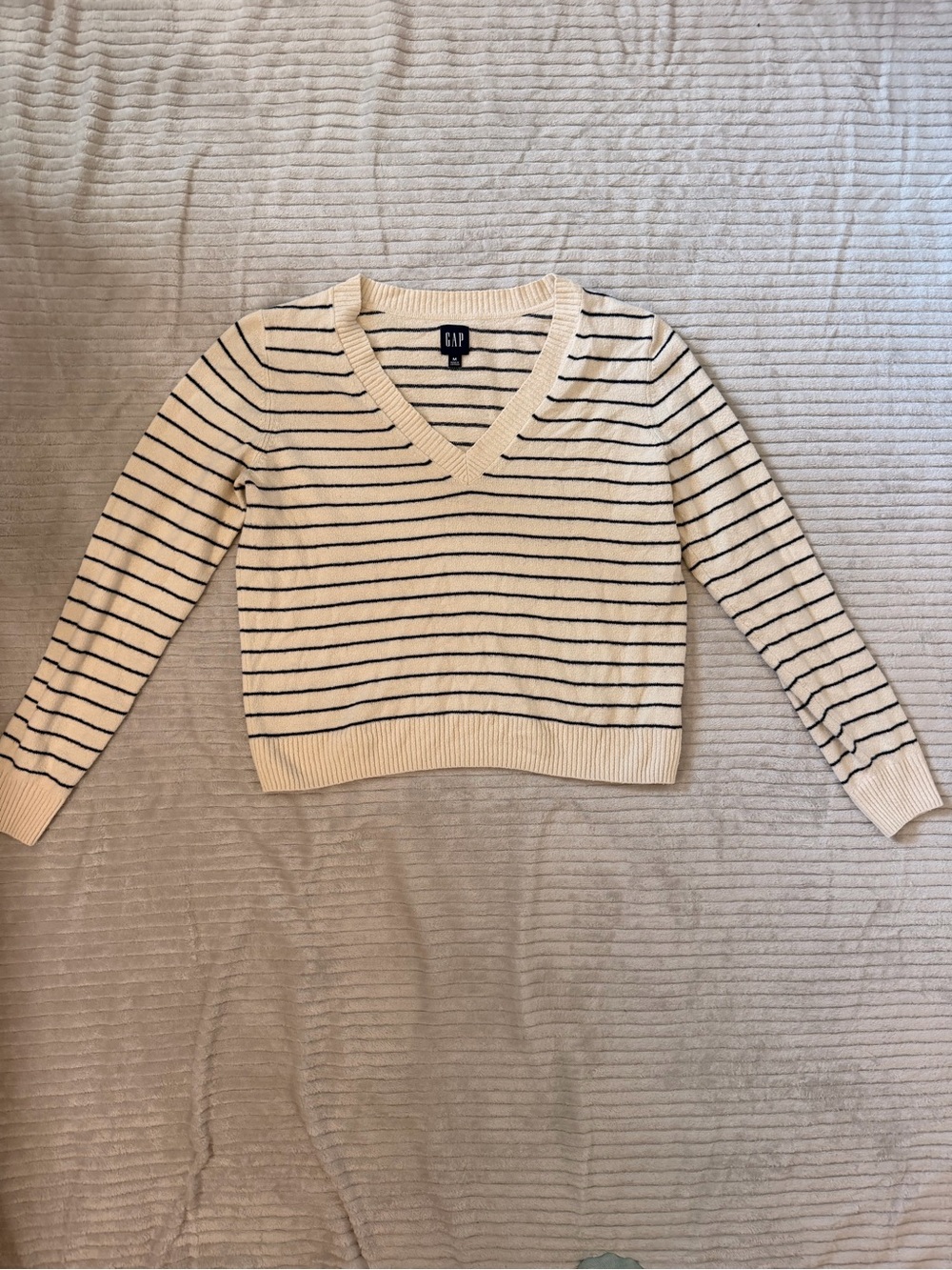 GAP Cream V-Neck Sweater with Navy Stripes